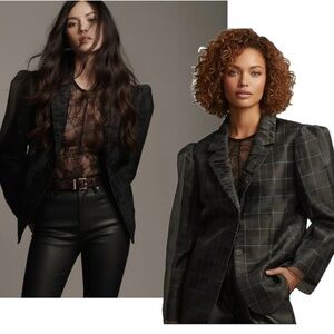 Anthropologie plaid tulle overlay oversized puff sleeve single breasted blazer
